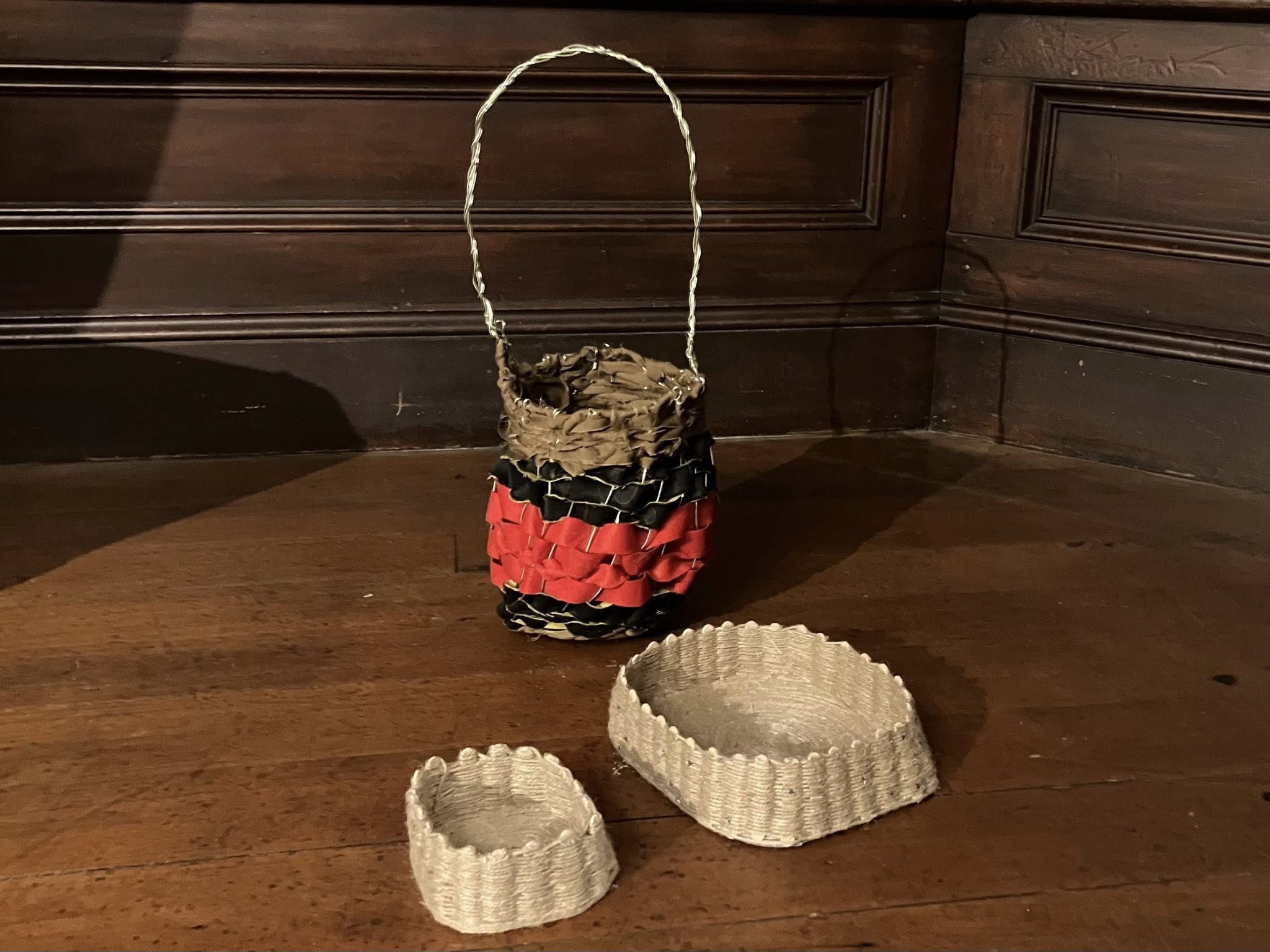 Jute baskets by Vivian Law, fabric basket by Leonie Clunie. Jute baskets by Vivian Law, fabric basket by Leonie Clunie.